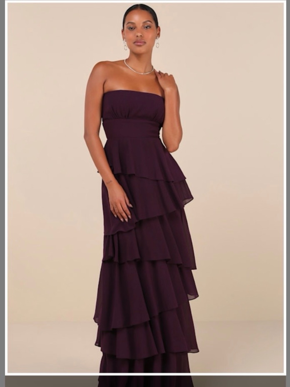 Lulu's Strapless Tiered Ruffle Maxi Dress in Deep Plum